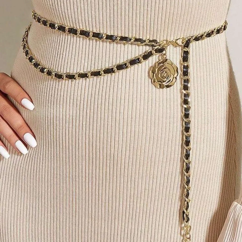 Gold and Black Chain Belt, Black Faux Leather and Gold Chain Belt